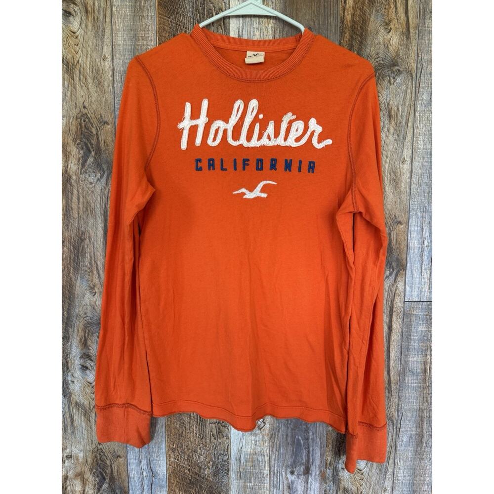 Hollister California Orange Long Sleeve Graphic Logo Tee Shirt Women Size S Y2K